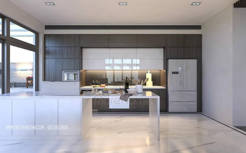 Tủ bếp đẹp, sang trọng từ gỗ công nghiệp An Cường cùng đá ốp nhân tạo cao cấp đã tạo nên vẻ đẹp hiện đại, độc đáo cho phòng bếp. Tủ bếp gỗ công nghiệp và tủ bếp acrylic