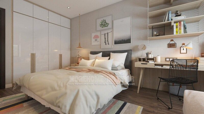 Bàn làm việc cùng kệ trang trí gỗ sồi màu sáng tạo nên góc học tập, làm việc hiện đại, trẻ trung cho phòng ngủ con